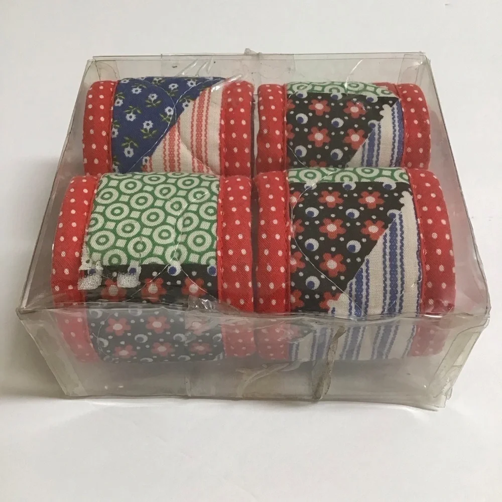Vintage Calico Fabric Quilted Napkin Rings SET OF 4 Dining Boho Farmhouse NEW